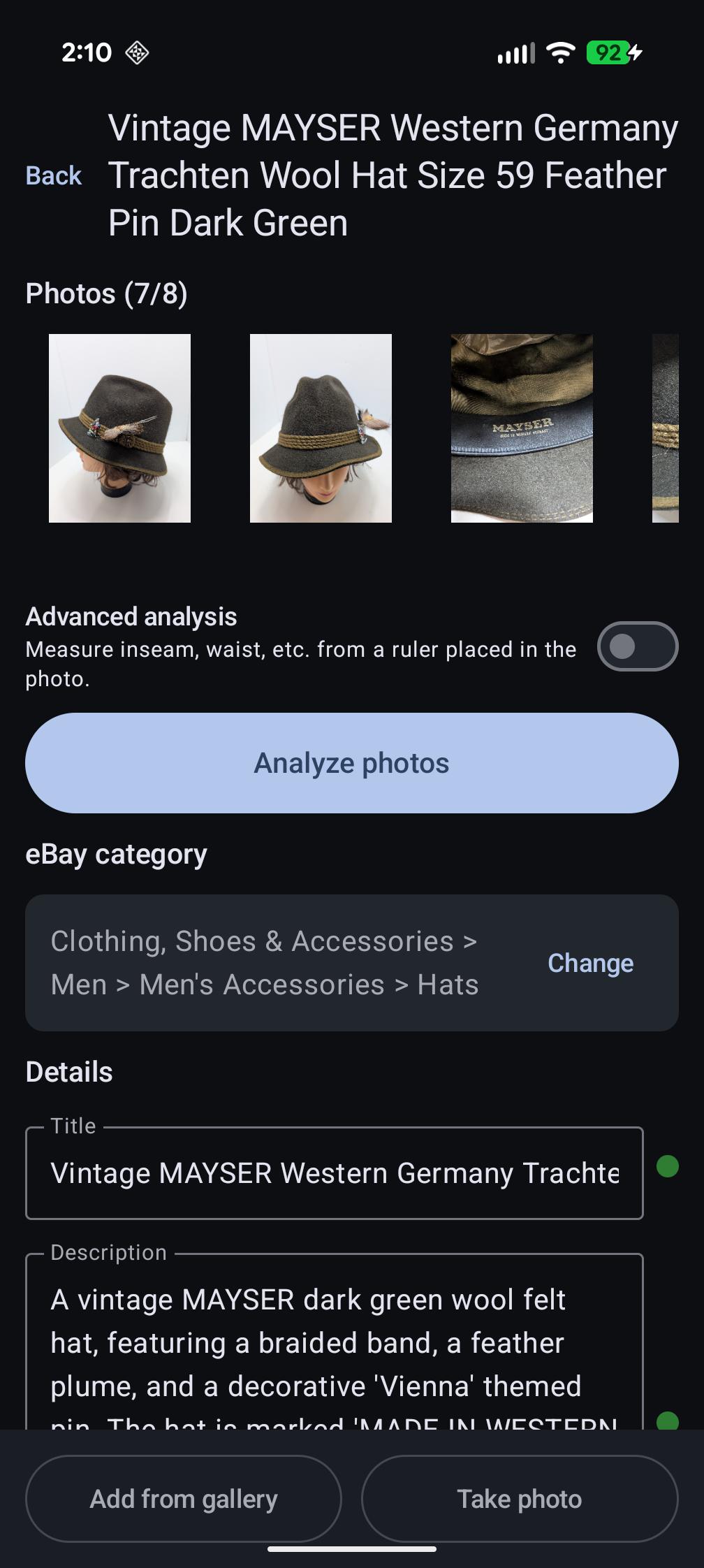 Seller Helper AI for eBay — analyzing photos and reviewing AI-filled listing details