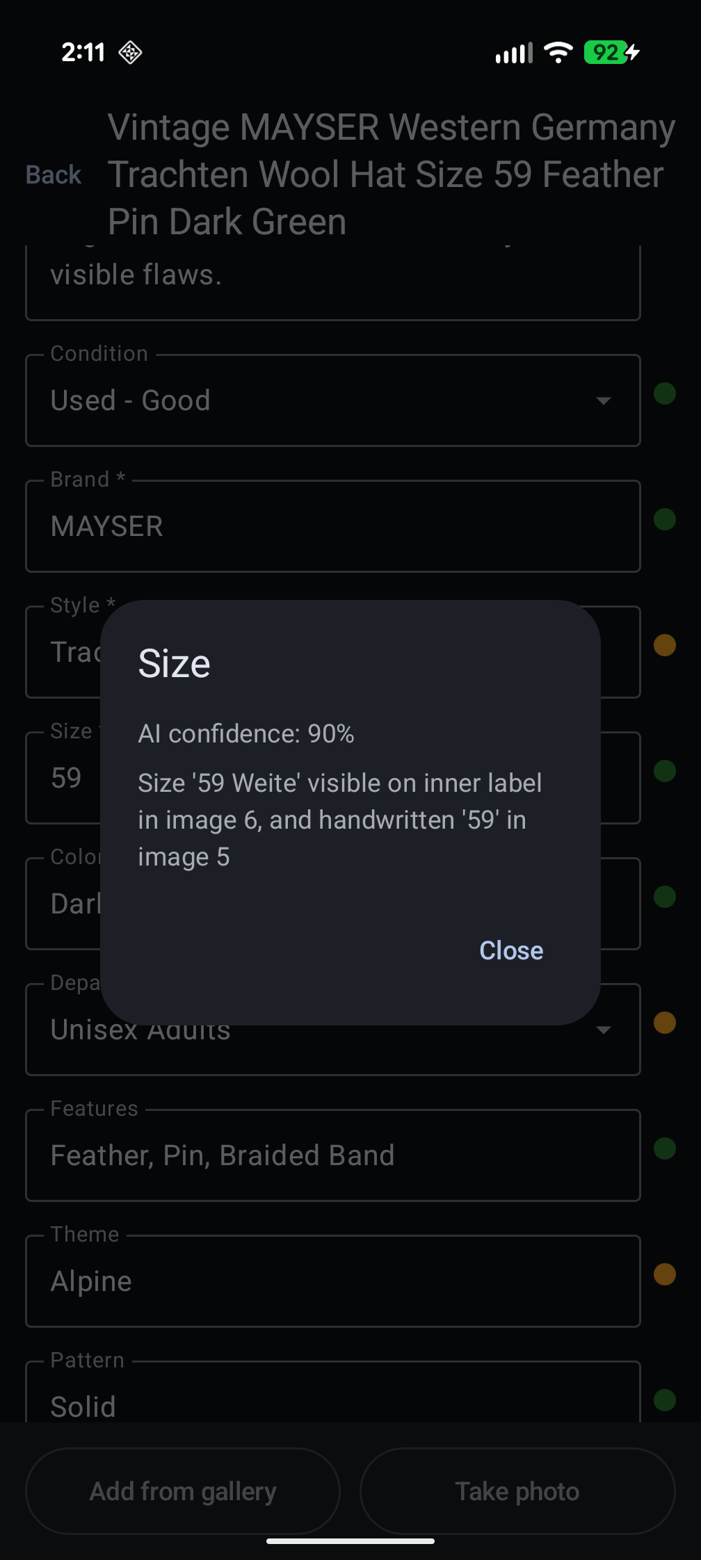 Seller Helper AI for eBay — confidence indicator explaining an AI-filled field