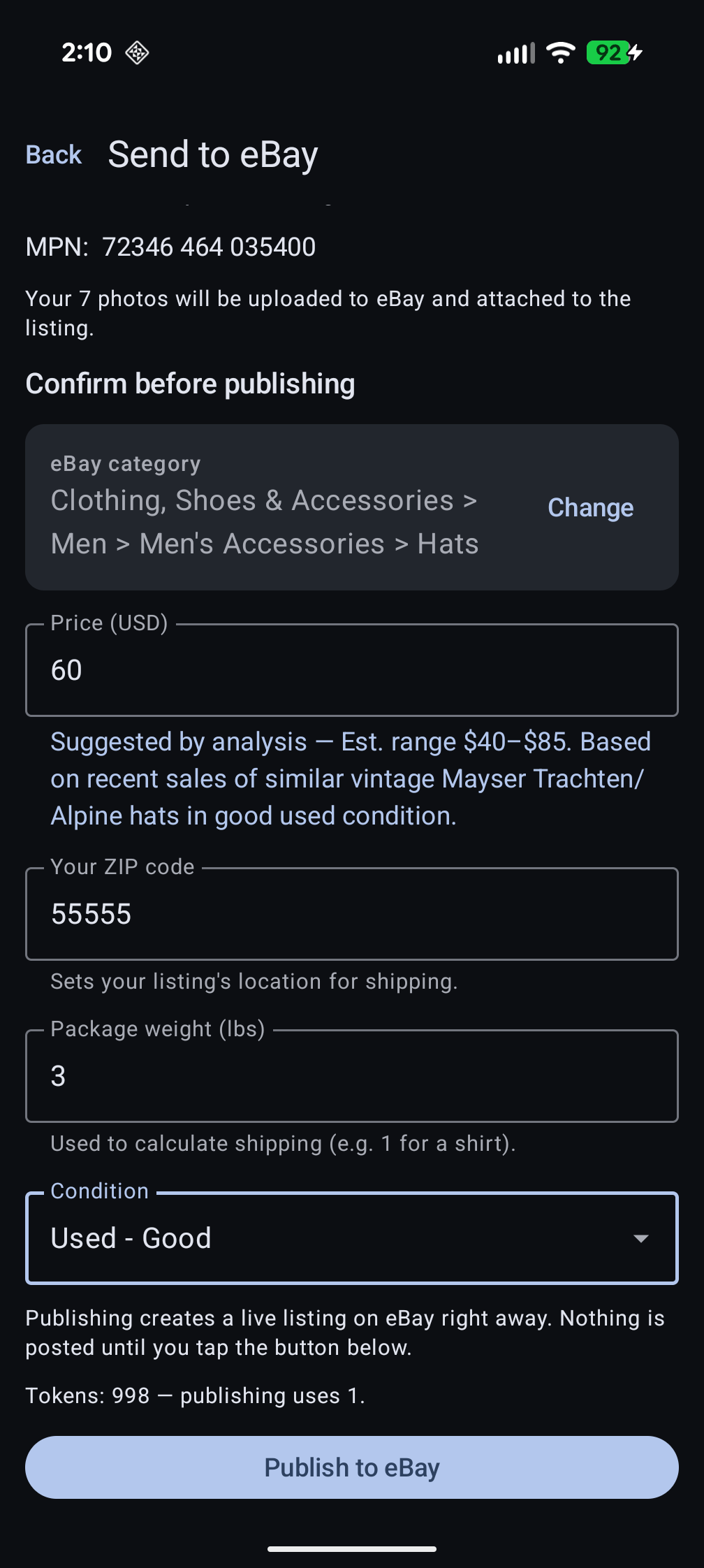 Seller Helper AI for eBay — reviewing price and details before publishing to eBay